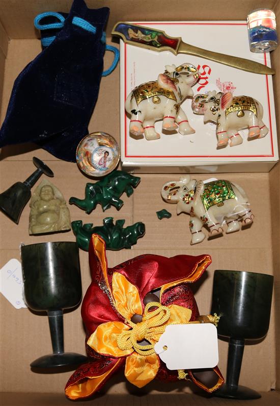 Three carved moss agate goblets, Chinese pottery presentation mug, sundry decorative items, etc,